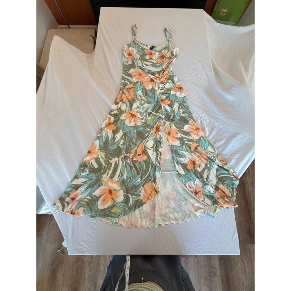 Volcom Womens Size Large Green Tropical Hibiscus Floral Ruched Slit Cami Dress